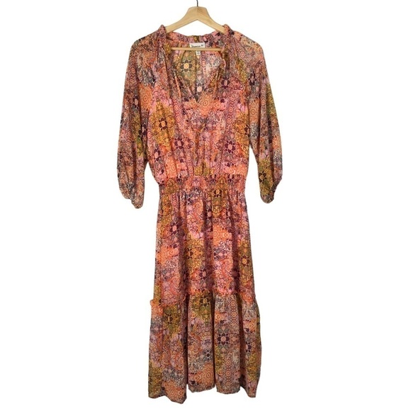 Veronica M Pratt Pink Floral Smocked Midi Dress S - Picture 2 of 6